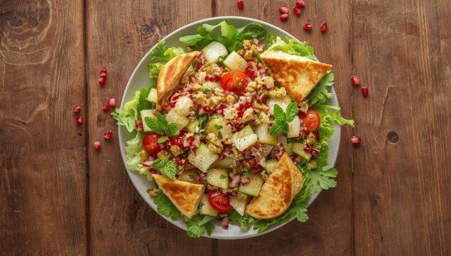 Lebanese fattoush salad from above, with empty area for text.