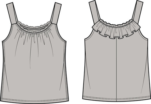 Fashion technical sketch of a women sleeveless camisole top with gather details and ruffle collar for apparel manufacturing