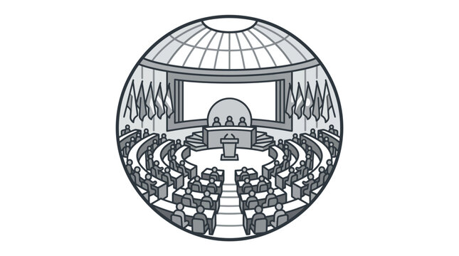 Circular parliament debating chamber with podium and flags icon.