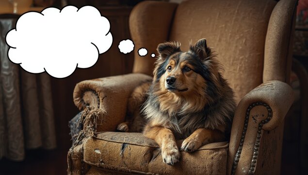 Lovely dog resting on a worn armchair, contemplative, empty thought bubble for text.