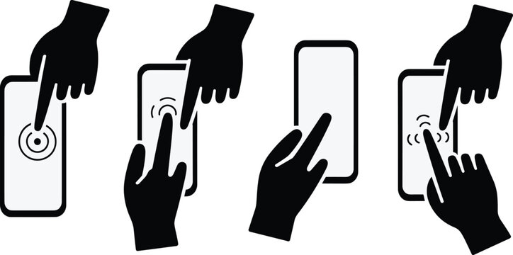 Hand clicking smartphone screen silhouette vector icon set isolated on white background showing touchscreen user interface gestures