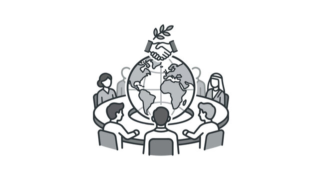 International leaders agreeing on peace with handshake over globe.