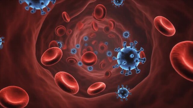 Microscopic View of Blue Viruses and Red Blood Cells Flowing Through Human Vein, Detailed Medical Animation of Infection in Bloodstream