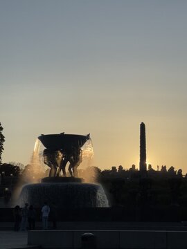 Vigeland Fountain at Sunset in Frogner Park in Oslo Norway