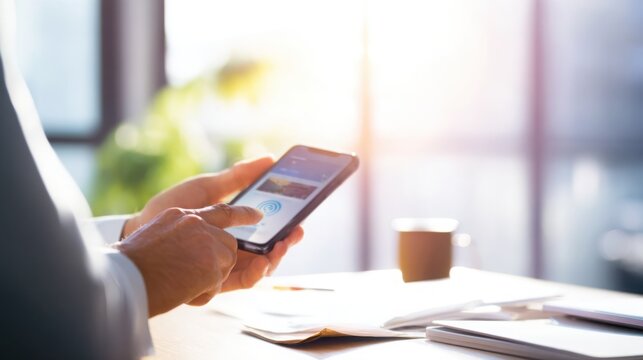 citizen using digital government services on smartphone in modern bright environment, secure online document management, electronic identity