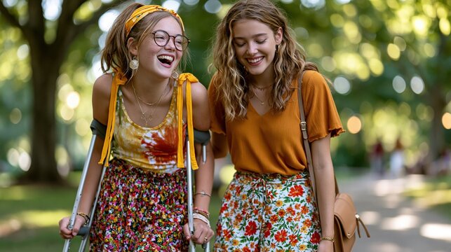 Disability Pride Month: two best friends in a sunny park, a teenage girl with cerebral palsy using forearm crutches laughing alongside her standing friend, both wearing colorful summer outfits