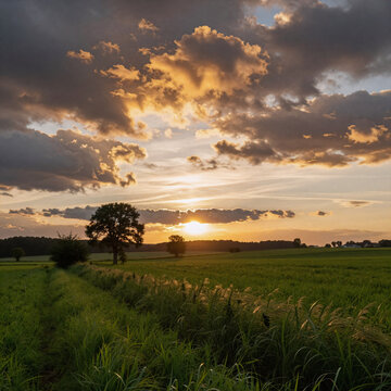 Glitch Art Rain Rural. Idyllic Summer Rural Scene: Golden Evening Sunlight Over Green Field And Dramatic Glowing Clouds After Rain
