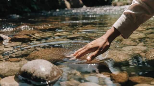 Hand water river stone nature ripple reflection outdoor touch calm human hand hovering over clear river water, peaceful natural stream, gentle