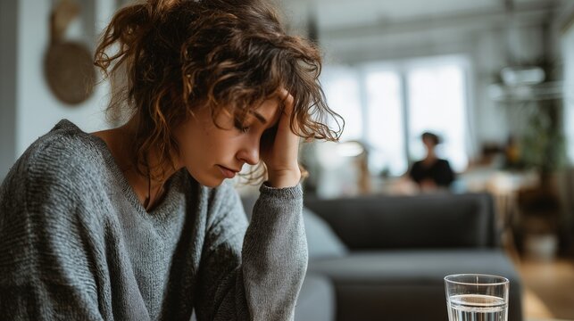 Stressed Woman Sitting on Sofa Covering Face During Emotional Crisis
