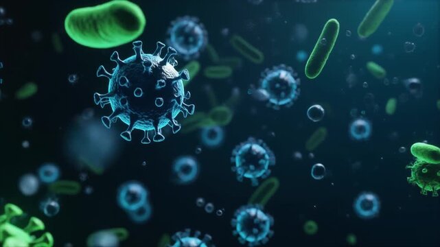 Microscopic Viruses and Bacteria Floating in Dark Biological Fluid, 3D Medical Animation of Infectious Pathogens