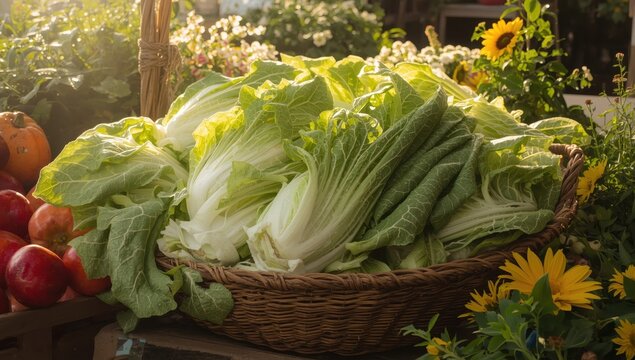 Napa cabbage in bamboo basket at market.