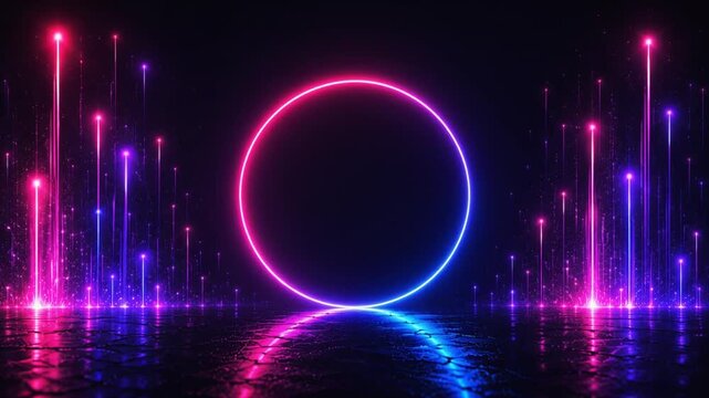 Futuristic Neon Circle Loop Animation with Glowing Rising Light Streaks Technology Background