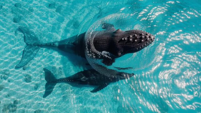 Aerial whale humpback calf ocean turquoise water wildlife marine animal underwater mother and baby nature scene clear blue aquatic mammal peaceful