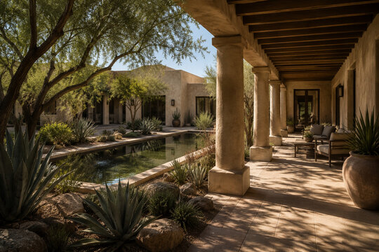 Adobe Hacienda Courtyard Reflecting Pool Desert Agave Cactus Stone Veranda Shade