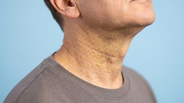 Close-up of adult neck showing yellowish skin papules and raised bumps for medical dermatology concept
