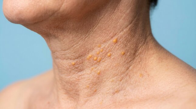 Close-up of human neck skin featuring small yellowish papules and nodules for medical dermatology concept