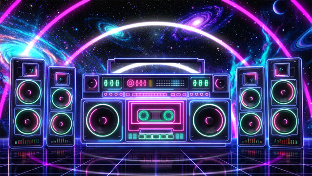 Futuristic retro 1980s neon boombox and large audio speakers on a glowing grid floor with a cosmic galaxy space background