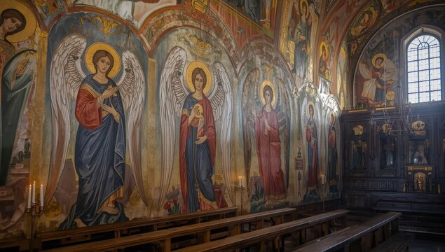 Old mural depicting angels in an Orthodox church.