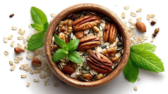 Nutritious oatmeal bowl with crunchy pecans walnuts and fresh mint leaves arranged in wooden dish on white surface for healthy breakfast meal preparation and clean eating