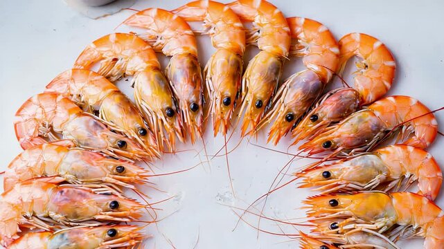 Fresh Raw Jumbo Shrimp Arranged in a Circular Pattern on White Marble Background for Seafood and Culinary Use