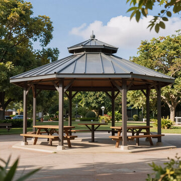 Geometric Gazebo Fashion. Sunlit Gazebo With Trees And Picnic Tables Under A Blue Sky Adorned With Fluffy Clouds