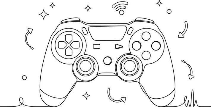 Video game controller gamepad entertainment continuous line art doodle featuring wireless console gaming buttons joystick and star icons