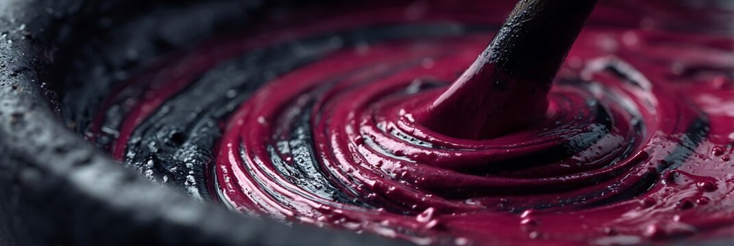 Vibrant magenta pigment mixing in dark stone mortar with pestle for traditional art creation process showing rich texture and thick consistency in professional studio