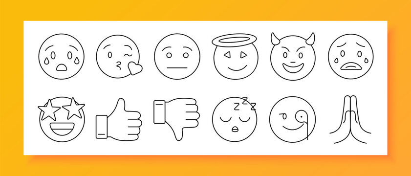 Emotion reaction set icon. Line icons depict crying symbol, kiss mark, neutral mood, angel halo, devil horns, sad feeling, star eyes, approval gesture, disapproval gesture, sleep state, wink sign