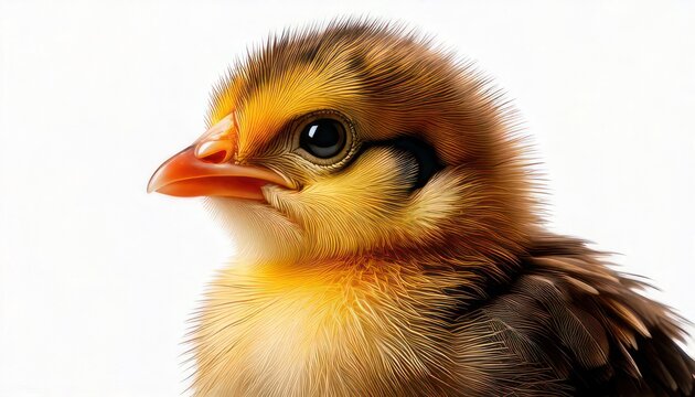 Close-up portrait of a fluffy yellow and brown chick.