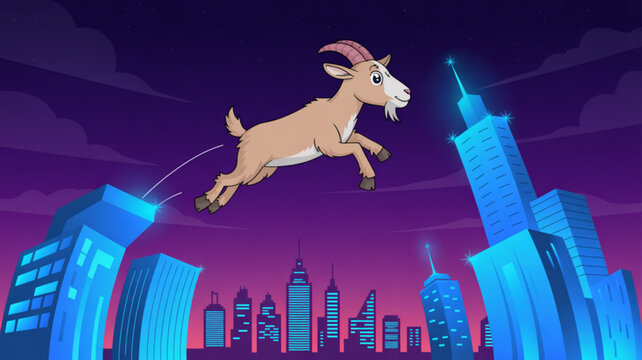 Cartoon goat jumping over futuristic city skyscrapers at night representing freedom and ambition in an urban landscape