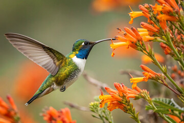 Iridescent hummingbird hovering by orange flowers © Abid Ali