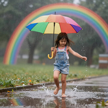 Art Deco Rain Dance. Young Girl Playing In The Rain, Surrounded By A Colorful Spectrum Of Droplets
