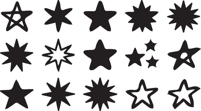 Star silhouette icon set illustration, decorative vector artwork, celestial design graphic, pattern emblem symbol, minimalist style theme