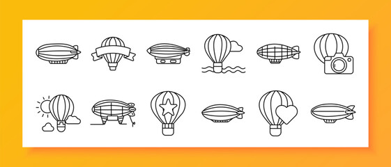 Air transport balloon set icon. Line icons depict dirigible airship, banner, zeppelin craft, hot air balloon over water, grid airship, camera, sunrise, landing airship © Кирилл Макаров