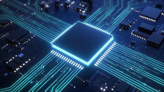 Central processor unit illuminated with glowing blue energy flowing through intricate circuit pathways during digital data transfer