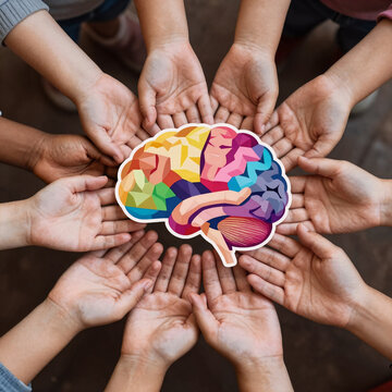 Low Poly Brain Unity. Several Children'S Hands Holding A Colorful Brain Illustrating Neurodiversity