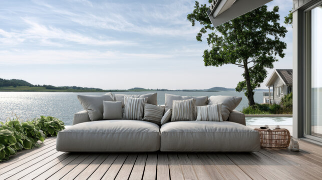 Modern outdoor sofa with striped pillows on wooden deck overlooking lake, serene summer day, luxury waterfront relaxation