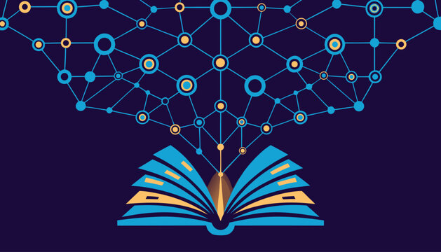 Abstract concept of digital knowledge and learning, open book with a network of connected nodes and data points emerging from the pages, representing artificial intelligence and information technology