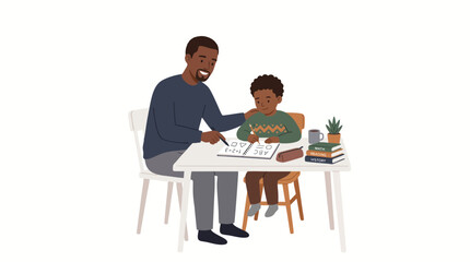 Fototapeta premium Minimalist 2d flat illustration style black parent checking homework with child, back to school
