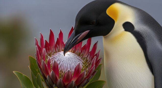 Penguin, flower, wildlife illustration, bird, nature, king protea