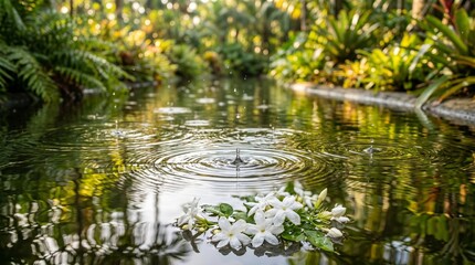 Fototapeta premium Tropical garden pond with white jasmine flowers, water ripples in a serene botanical park, lush green jungle foliage and exotic plants isolated on White Background