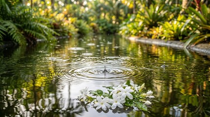Fototapeta premium Tropical garden pond with white jasmine flowers, water ripples in a lush botanical park, serene nature landscape with green foliage isolated on White Background