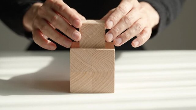 Hands stacking wooden blocks, representing growth, development, business strategy, problem solving, teamwork, and planning