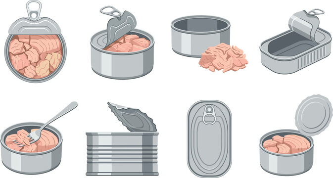 Canned Tuna and Fish Preserves Vector Set Featuring Open Metal Containers, Seafood Packaging, Processed Food Products, and Grocery Items
