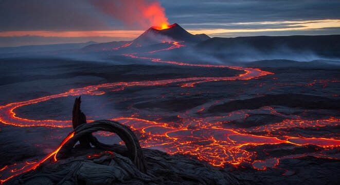 Volcanic landscape with lava flows at dusk with smoke and mountain