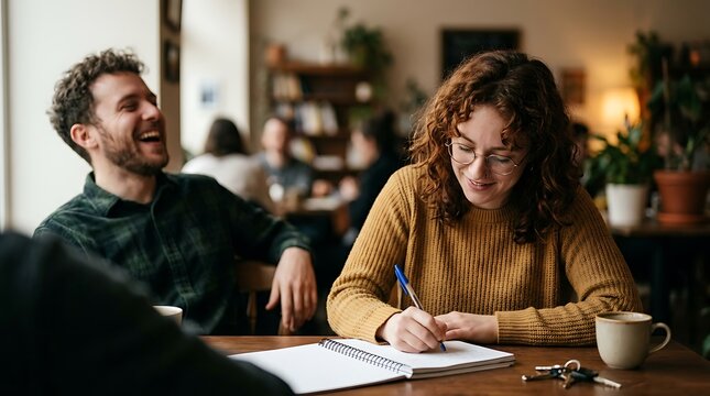 A man and woman laughing and studying at a table in a cafe