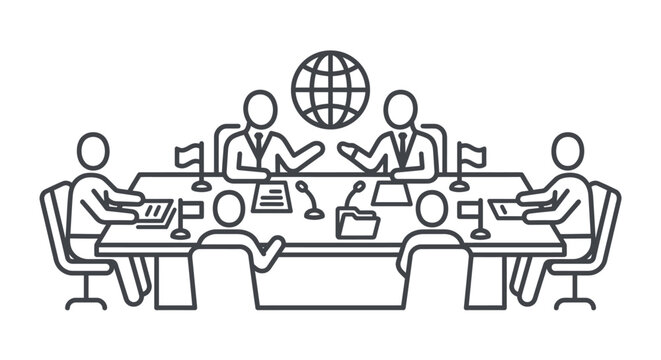 International summit meeting with diplomats at a conference table.