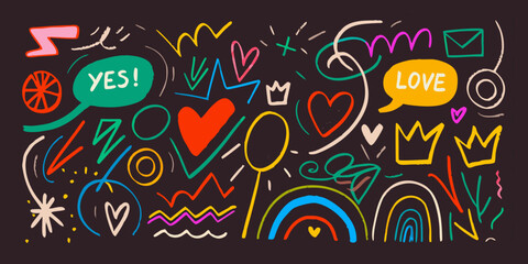 Fototapeta premium Colorful doodle assortment vector illustration with hearts speech bubbles and crowns