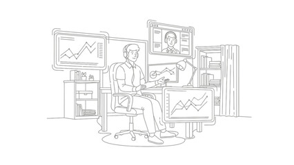 Obraz premium Line Art Illustration of a Professional Man Working in a Home Office with Multiple Monitors, Financial Charts, and Video Conferencing