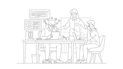 Fototapeta premium Stressed Employees and Supportive Manager Line Art Illustration